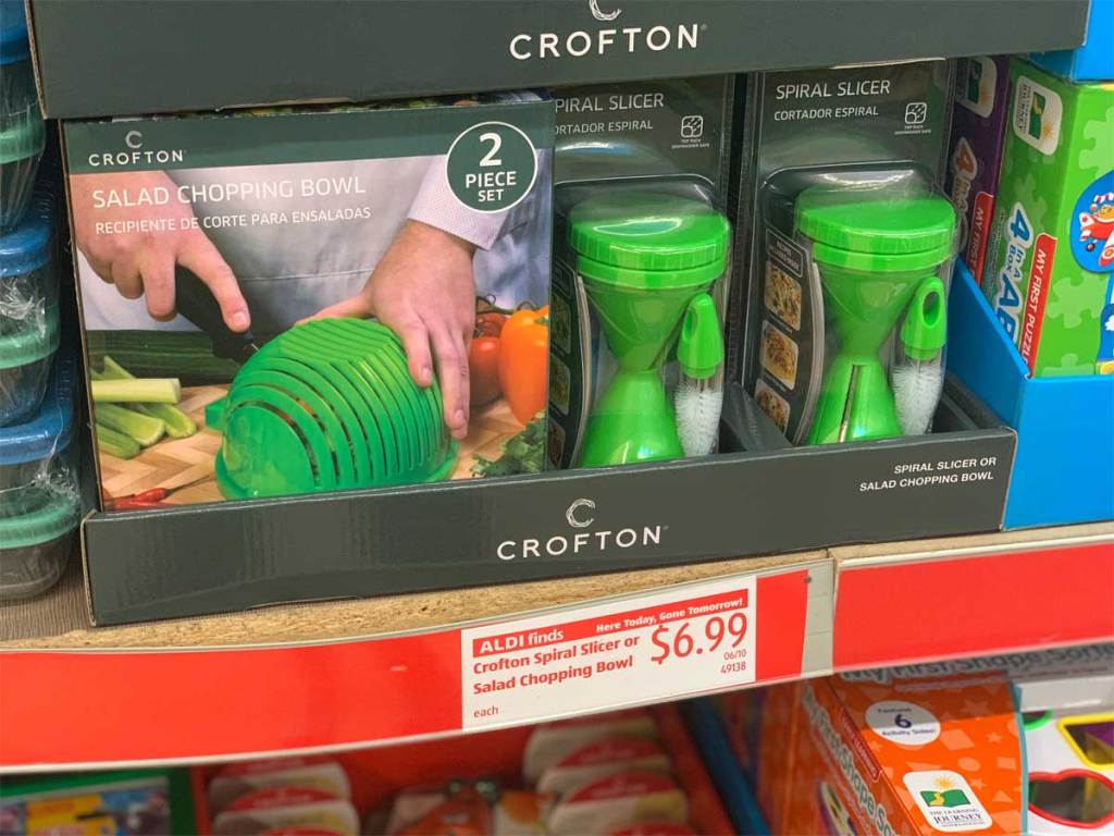 salad chopping bowl and spiral slicer on shelf