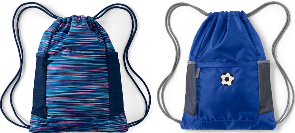 colorful striped cinch bag and blue soccer cinch bag