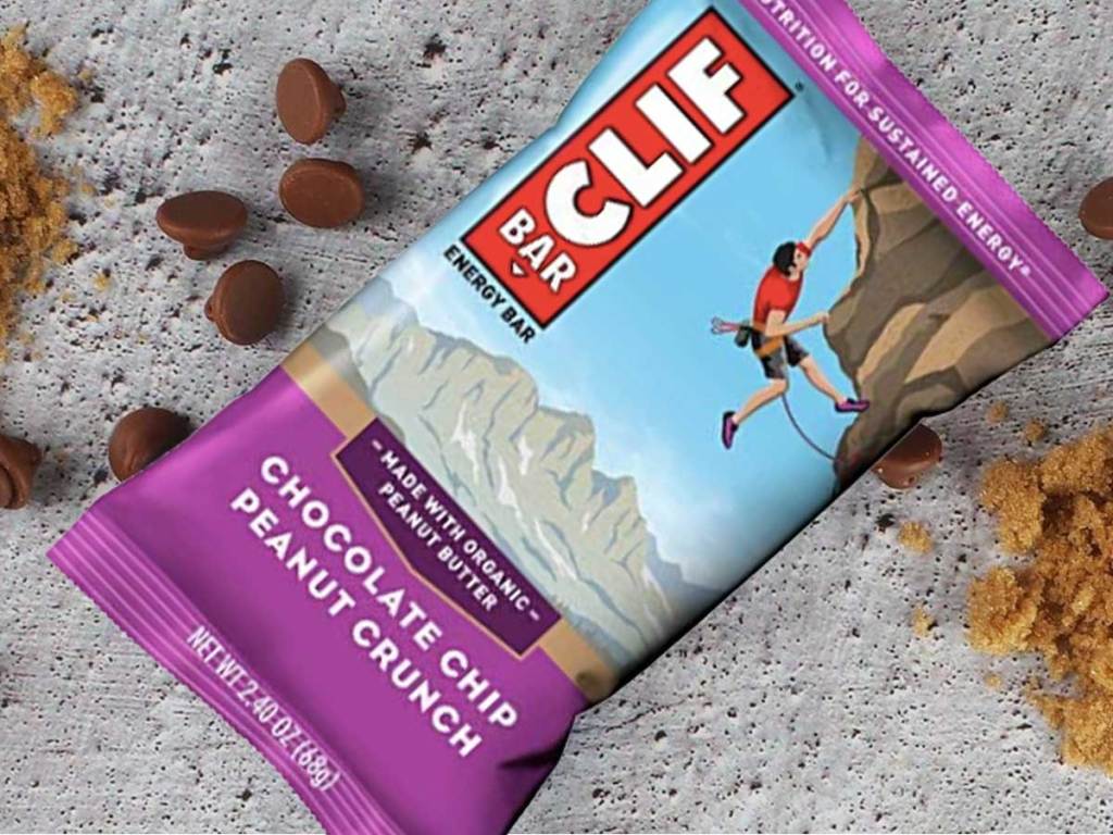 clif bar chocolate chip peanut crunch on a table