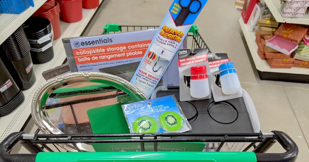 Dollar Tree cart full of random items in store aisle