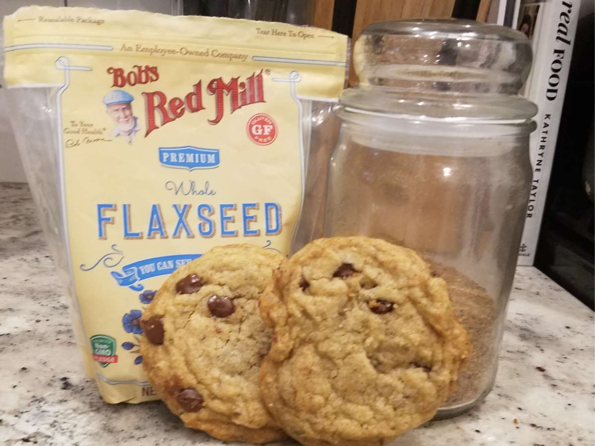 flaxseed bag with chocolate chip cookies on counter