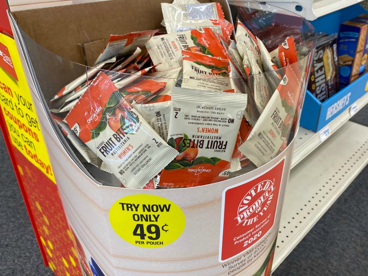 store display with packages of vitamins