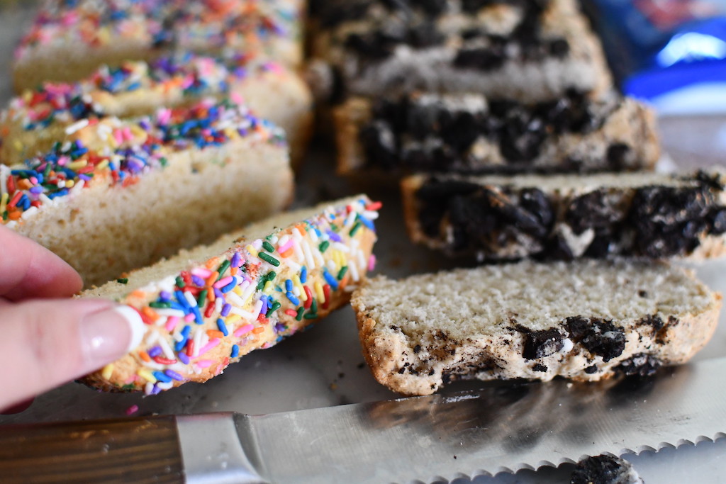 two loaves of ice cream bread on counter 