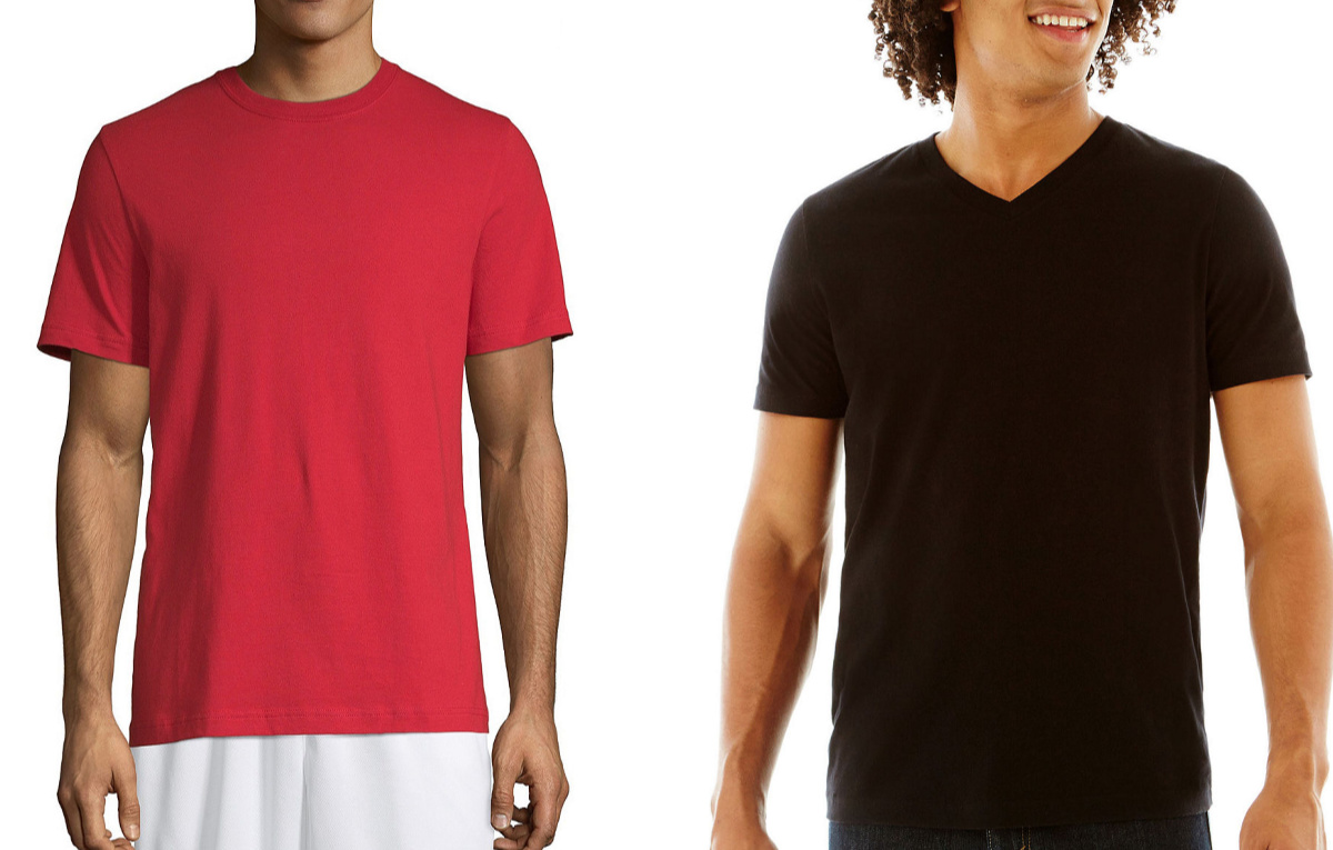 men wearing red and black tees