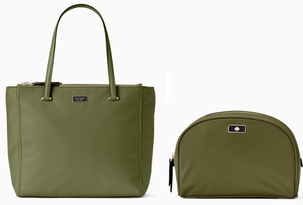 kate spade green large tote and makeup bag