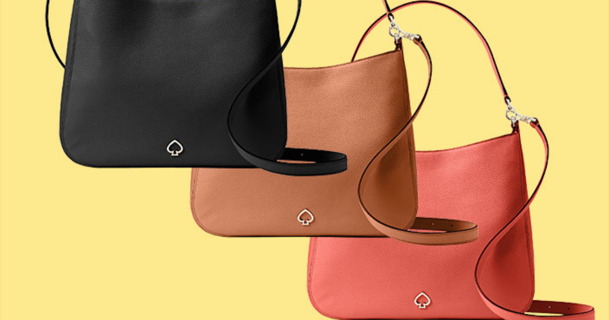 black tan and coral kate spade shoulder bags with yellow background