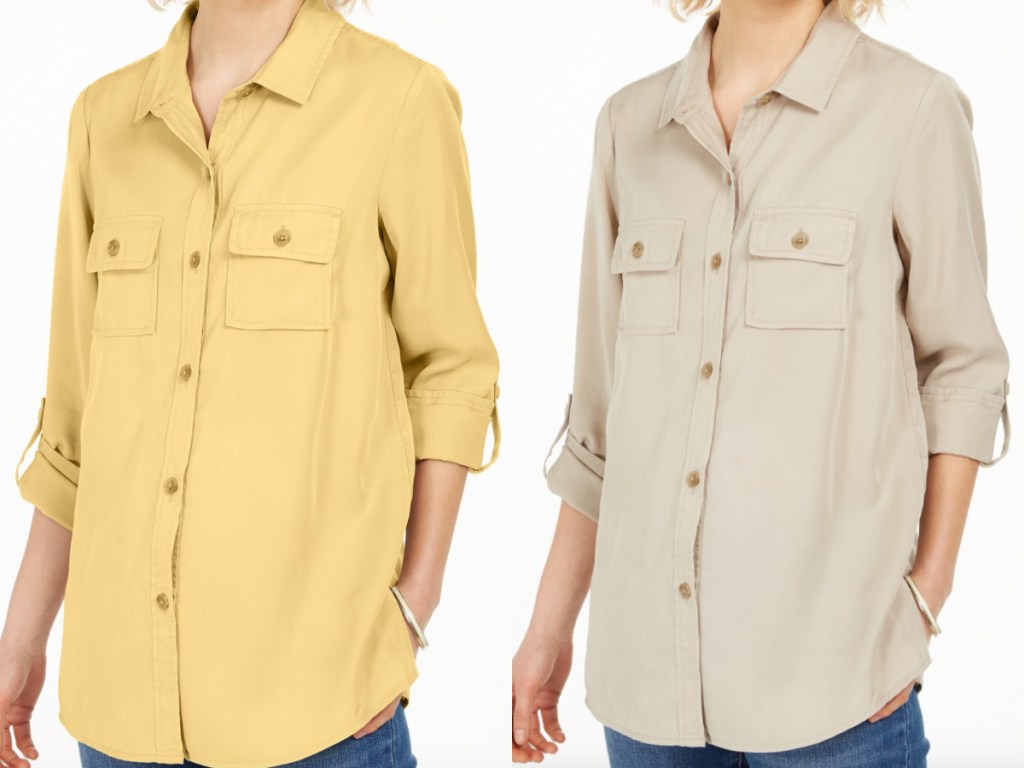 2 women standing next to each other wearing button down shirts