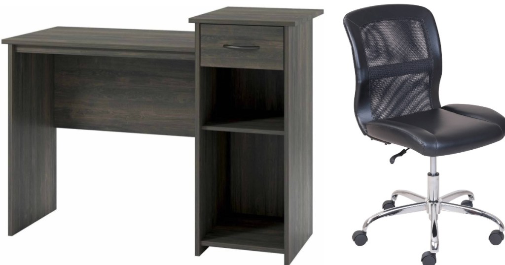 gray desk and black mesh back chair