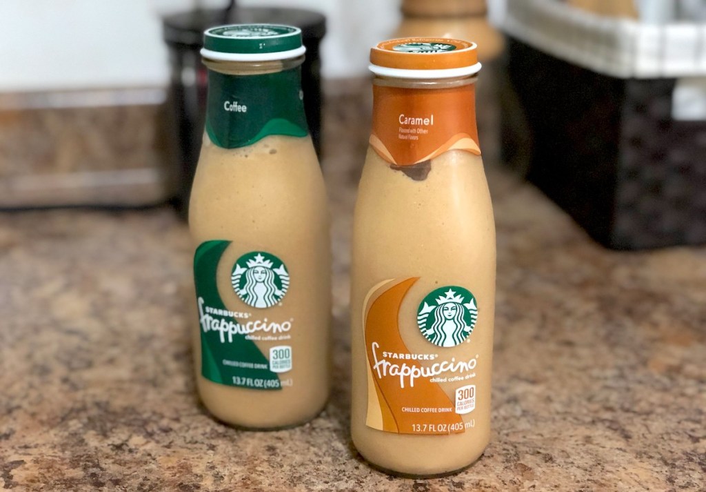 two bottles of different flavor starbucks frappuccino coffee drinks