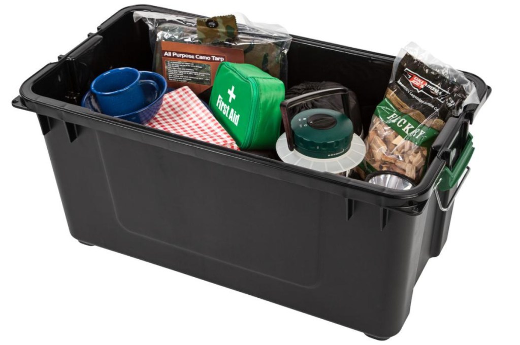 black storage bin filled with contents