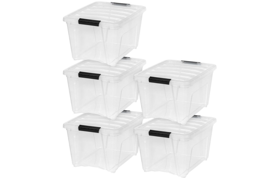 5 clear storage bins stacked