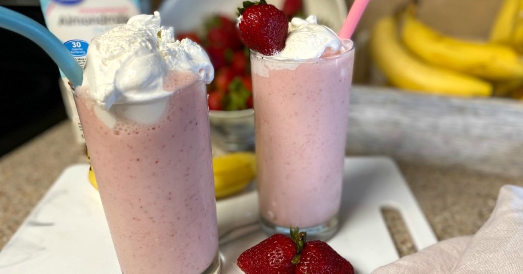 strawberry banana smoothies on counter