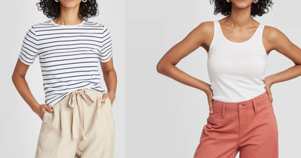 women wearing blue and white striped shirt and white tank top