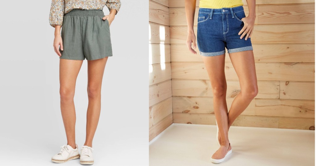 women wearing green shorts and jean shorts