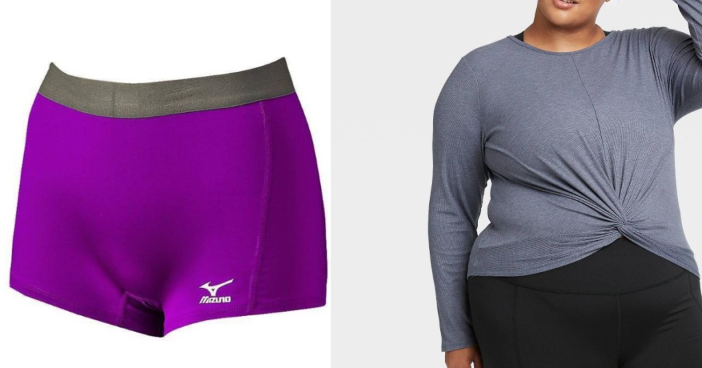 purple shorts and gray twist shirt