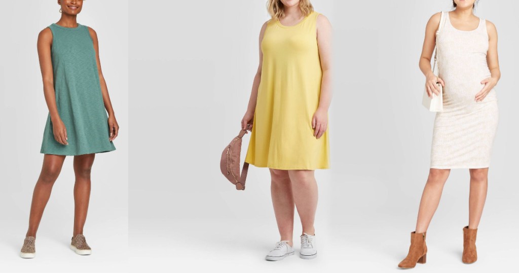 women wearing mint dress yellow dress and white maternity dress