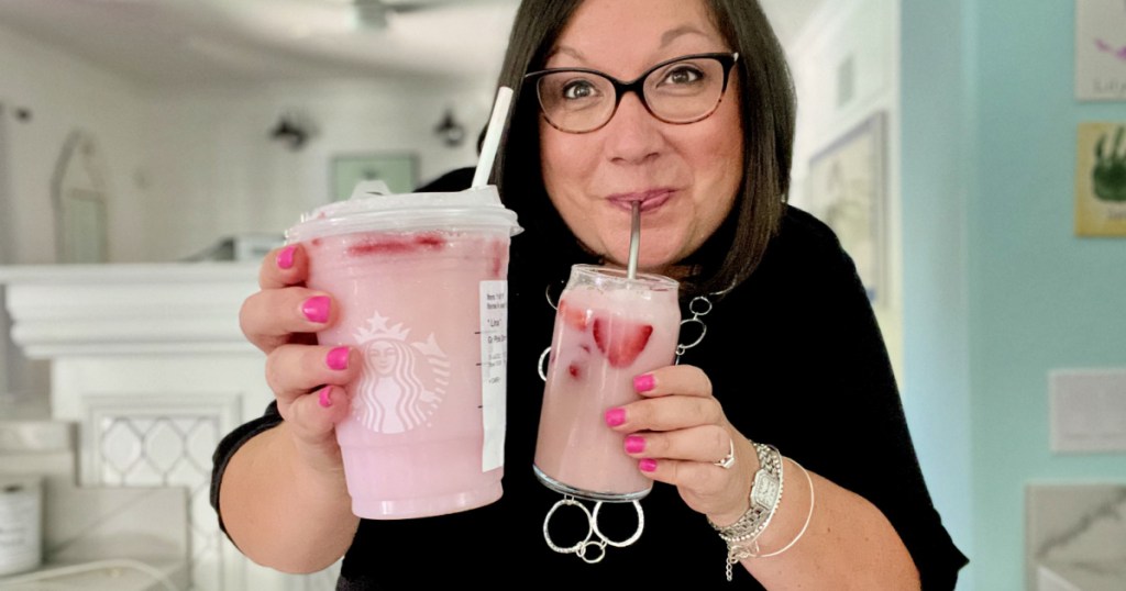 woman holding pink drink and pink drink copycat
