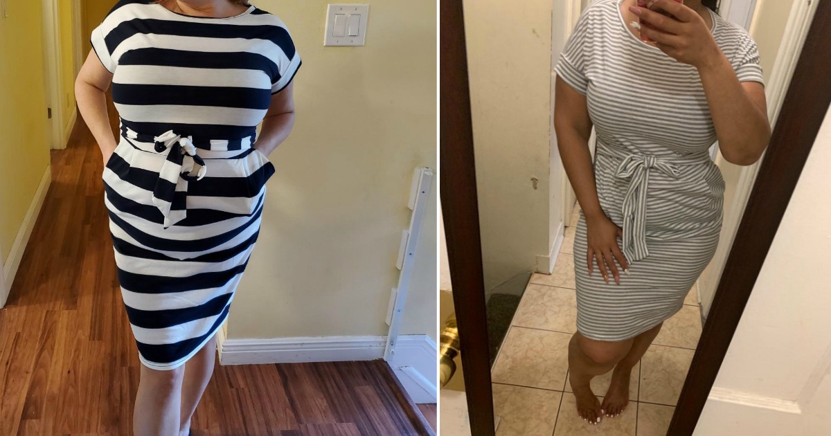 two woman both wearing striped dresses 