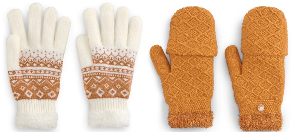 white and mustard mittens