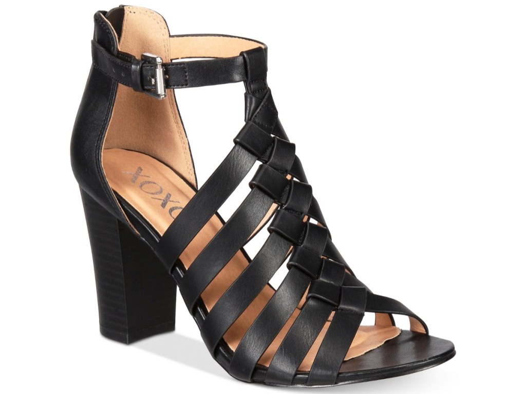 black open-toed black sandals with ankle strap and block heel