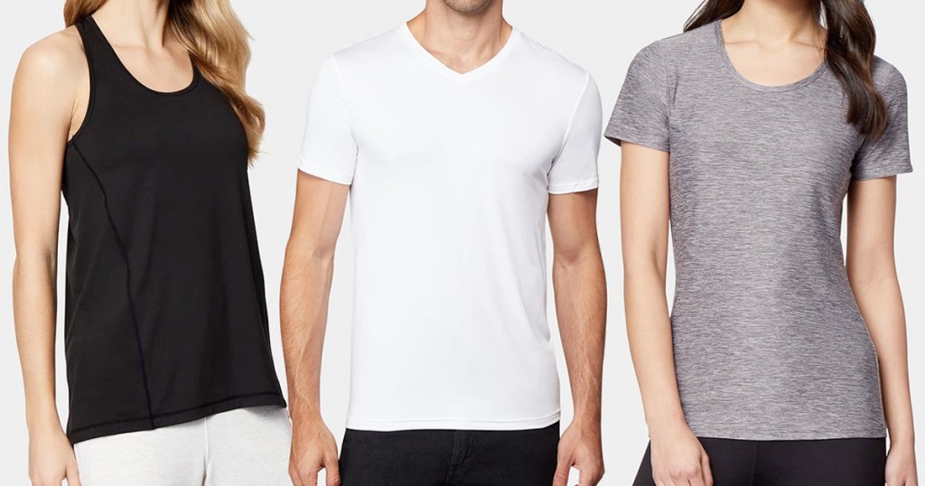 women modeling black tank, man in white tshirt, and woman in grey tshirt