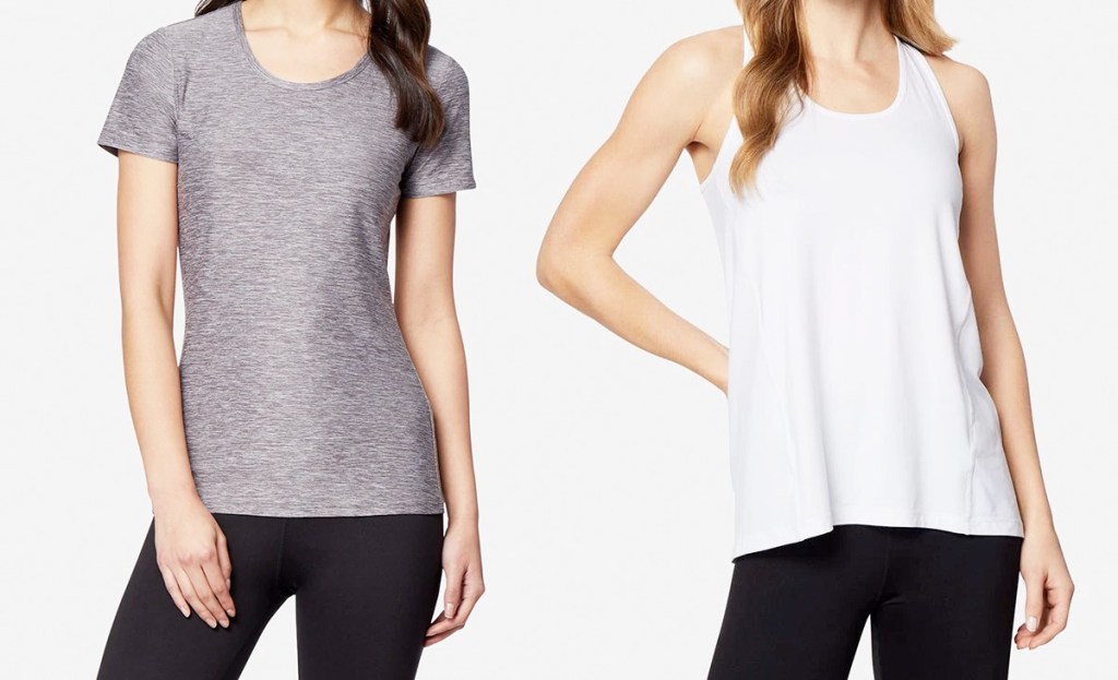 two women modeling grey tshirt and white tank top