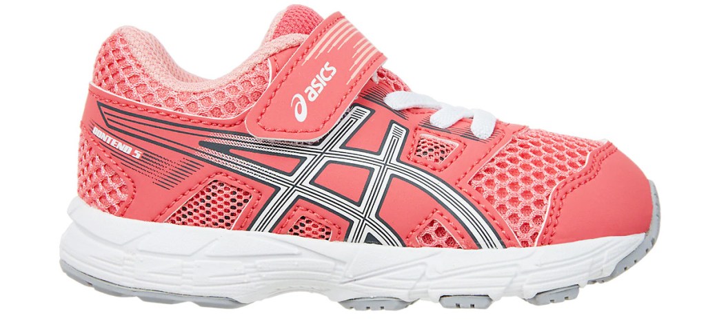 pink kids running shoe with velcro strap and grey stripes