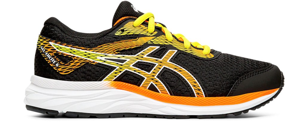 black running shoe with orange and yellow stripes