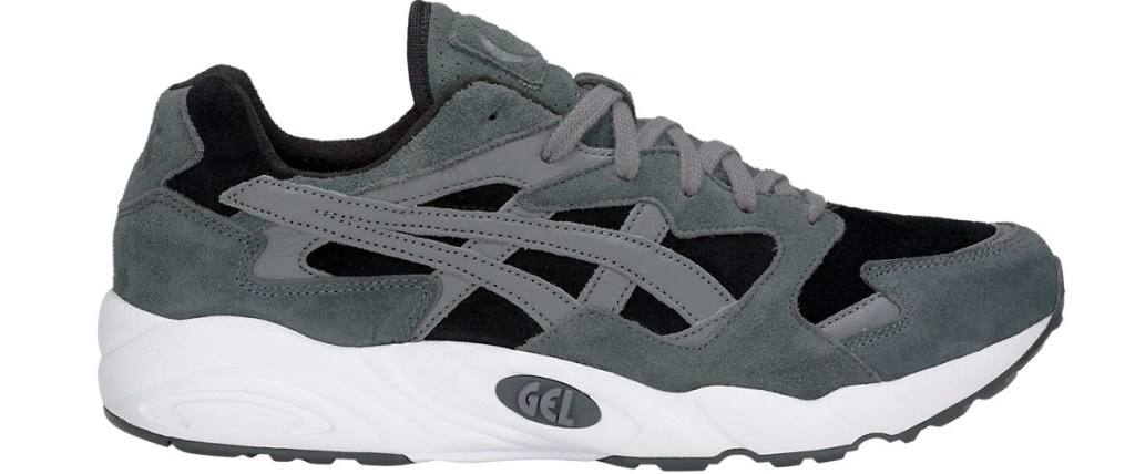 grey and black sneaker with thick white rubber sole