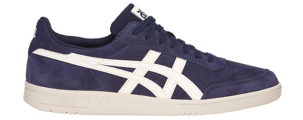 navy blue sneaker with white stripes
