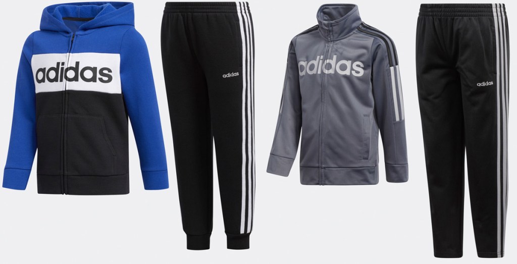 two sets of adidas kids jackets and black sweatpants