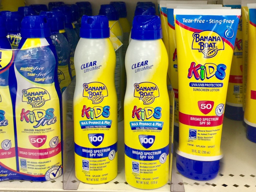 multiple bottles of kids banana boat sunscreen on store shelf