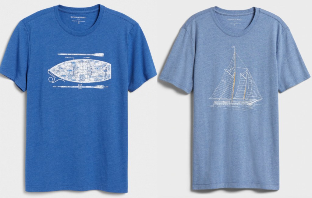 two blue colored men's graphic t-shirts