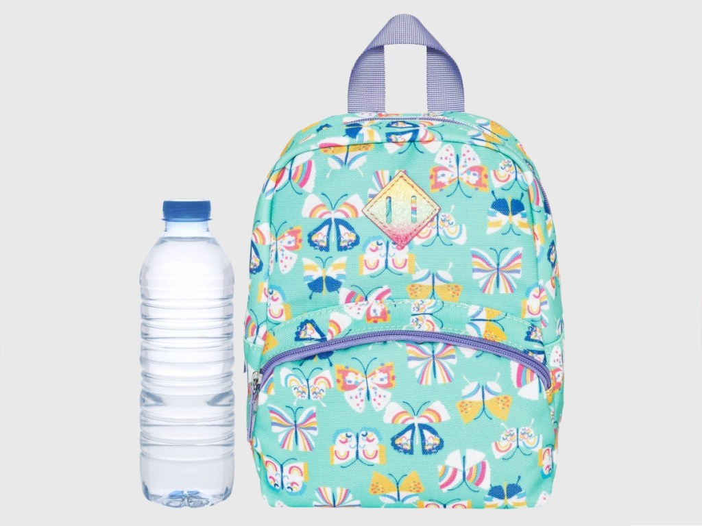 light green butterfly patterned toddler girls backpack and water bottle