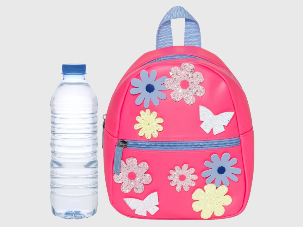 pink flower patterned toddler girls backpack and water bottle