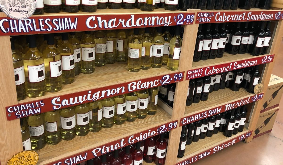 Wine on shelves at Trader Joe's