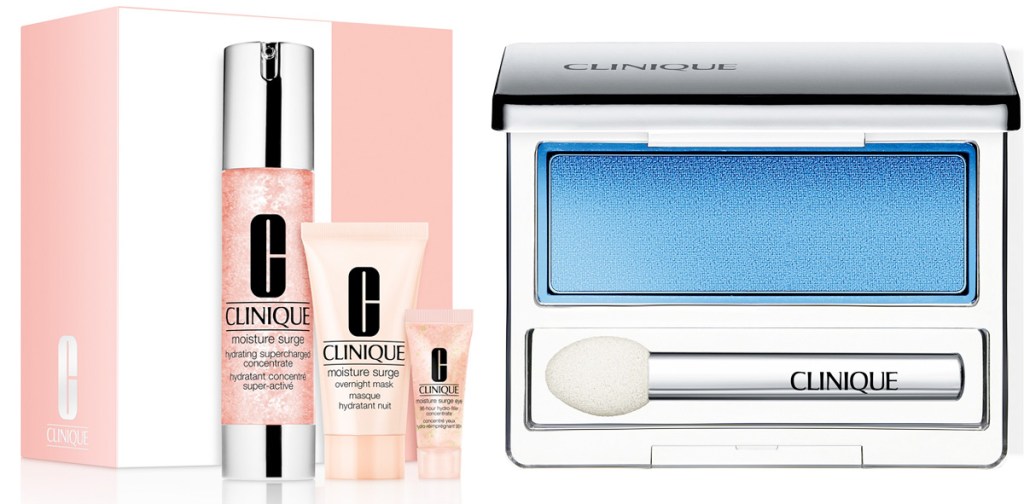 pink three piece clinique skincare set and blue eyeshadow single