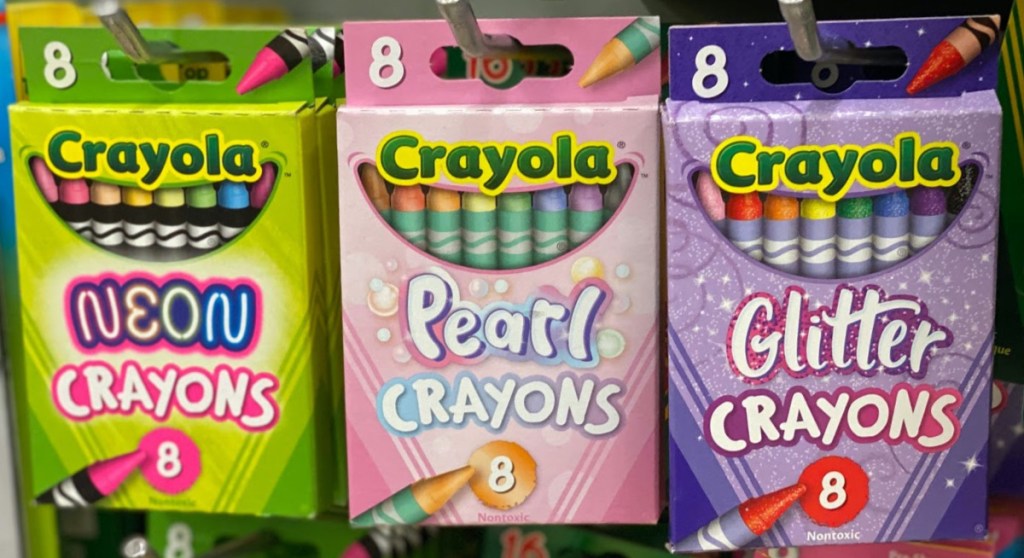 boxes of crayons hanging in store