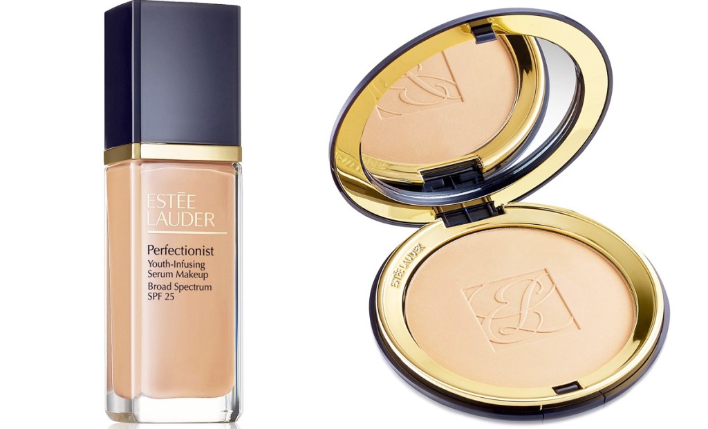 bottle of estee lauder liquid foundation and an open pressed powder compact