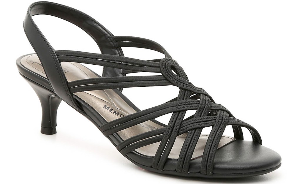 womens black sandal with short heel and criss-crossing straps