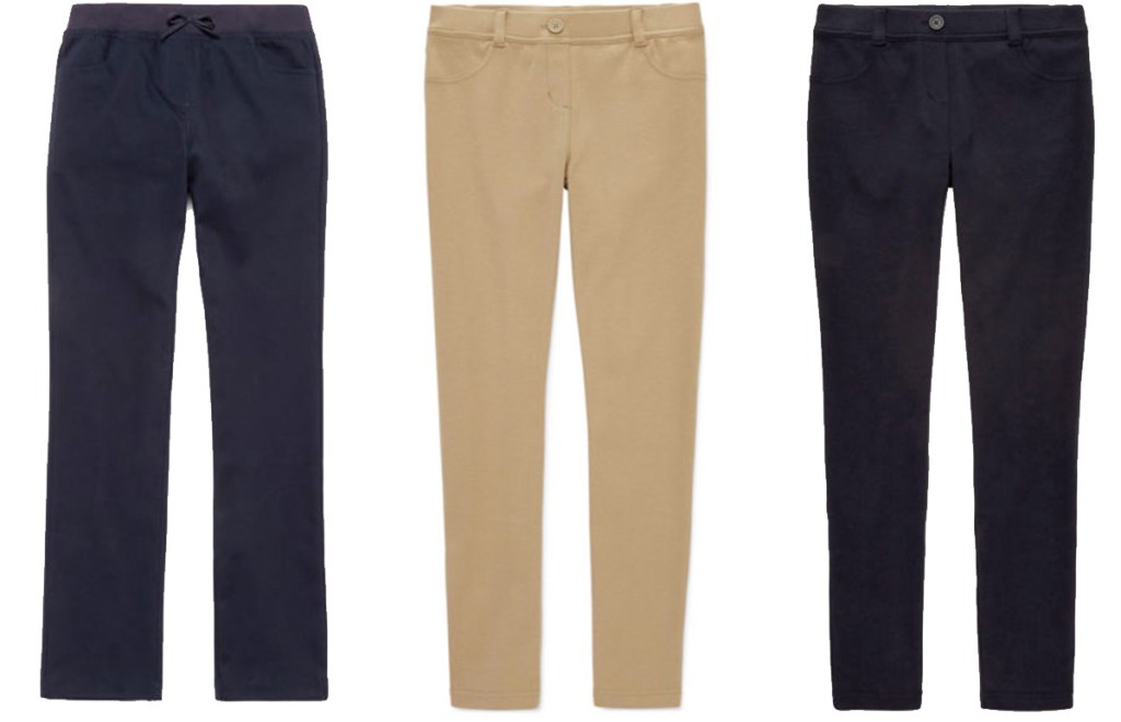 three pairs of girls uniform pants in black and khaki colors