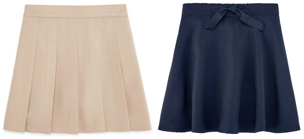 two pairs of girls uniform skirts in khaki and black colors