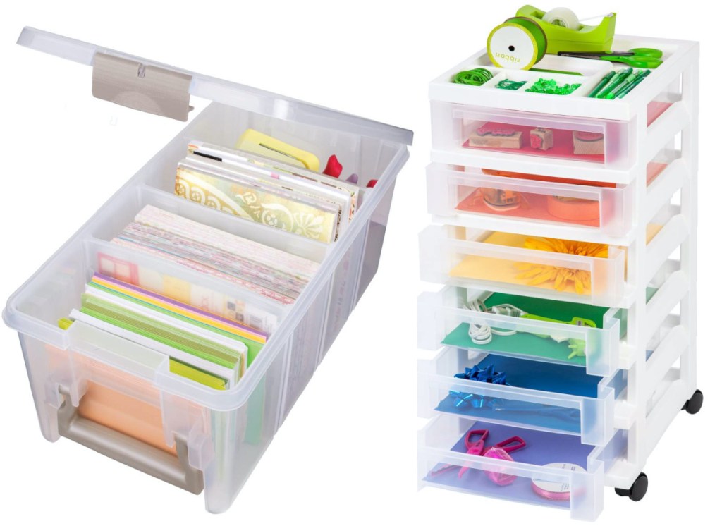storage bin and white six drawer storage cart
