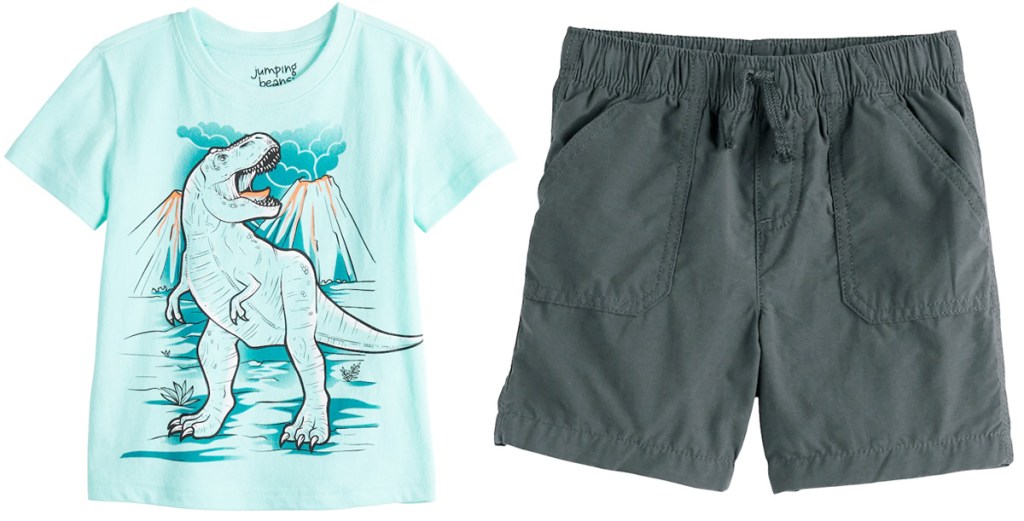 blue dinosaur shirt and grey shorts with elastic waist