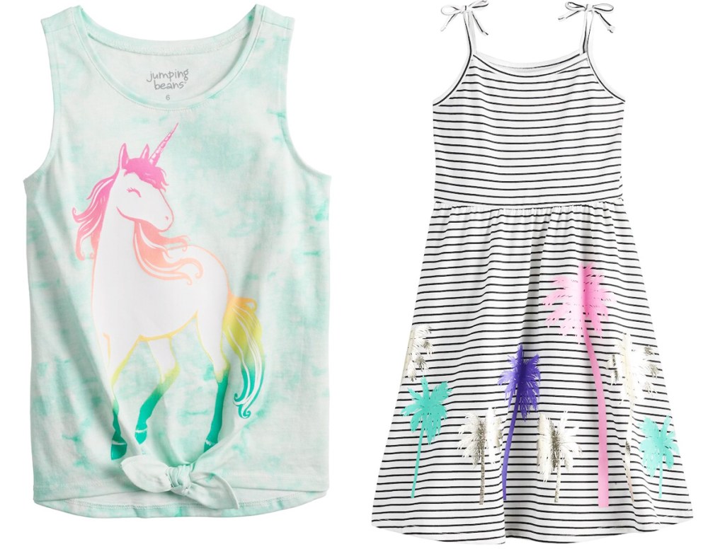 light blue unicorn shirt and black and white striped dress with palm tree print