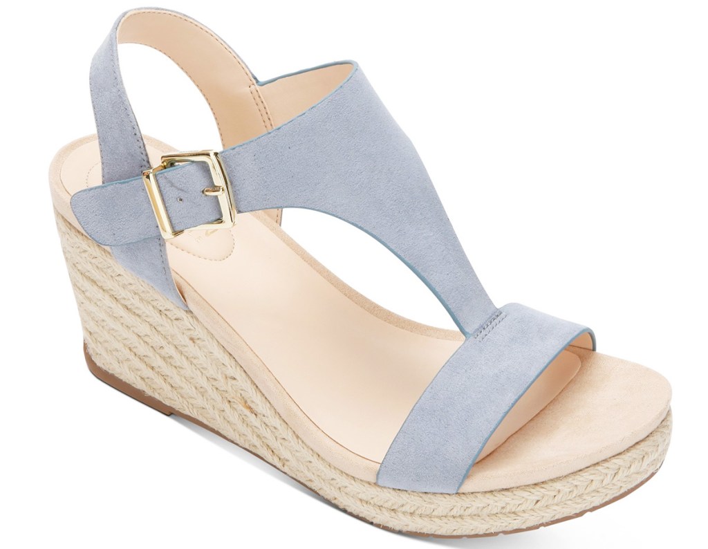 light blue wedge heel womens sandal with gold buckle