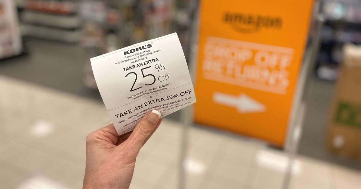 A hand holding a Kohl's receipt with a 25% off coupon