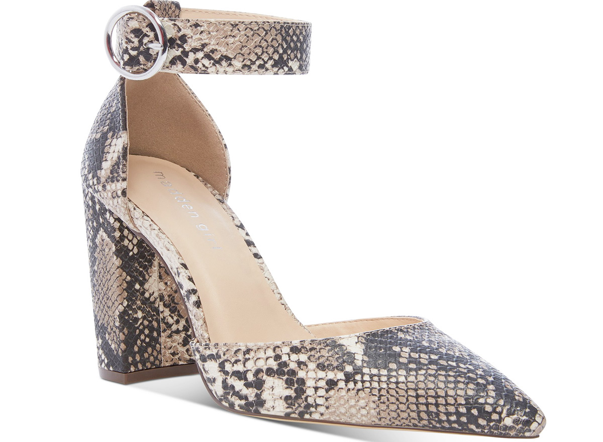 snake print womens block heel sandal with pointed toe