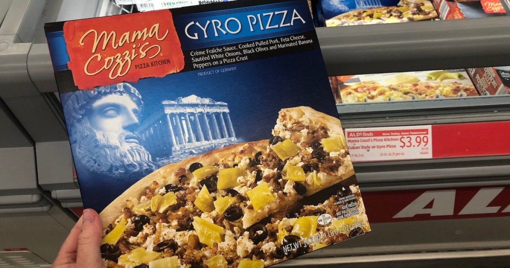 hand holding box of Mama Cozzi's Gyro Pizza Kit