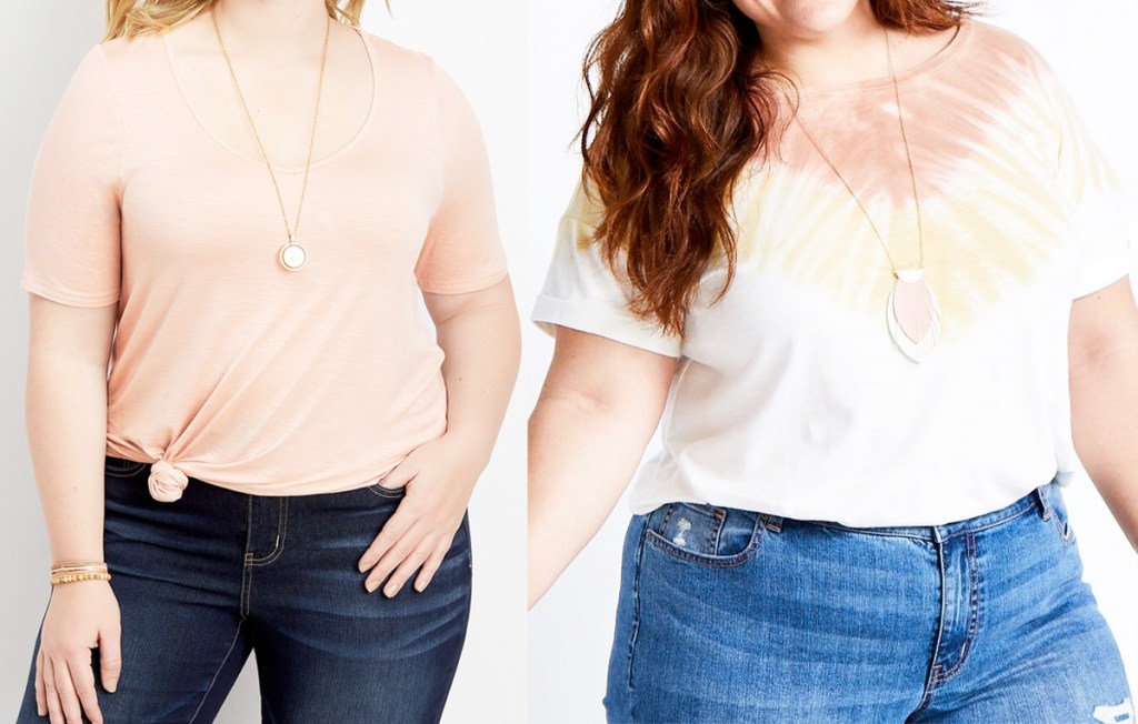 two women modeling tees in light pink and tie dye